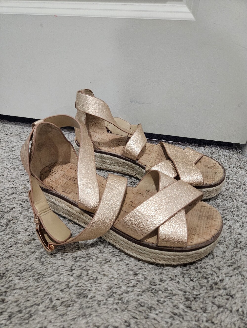 Michael Kors Rose Gold Metallic Platform Espadrille Sandals
